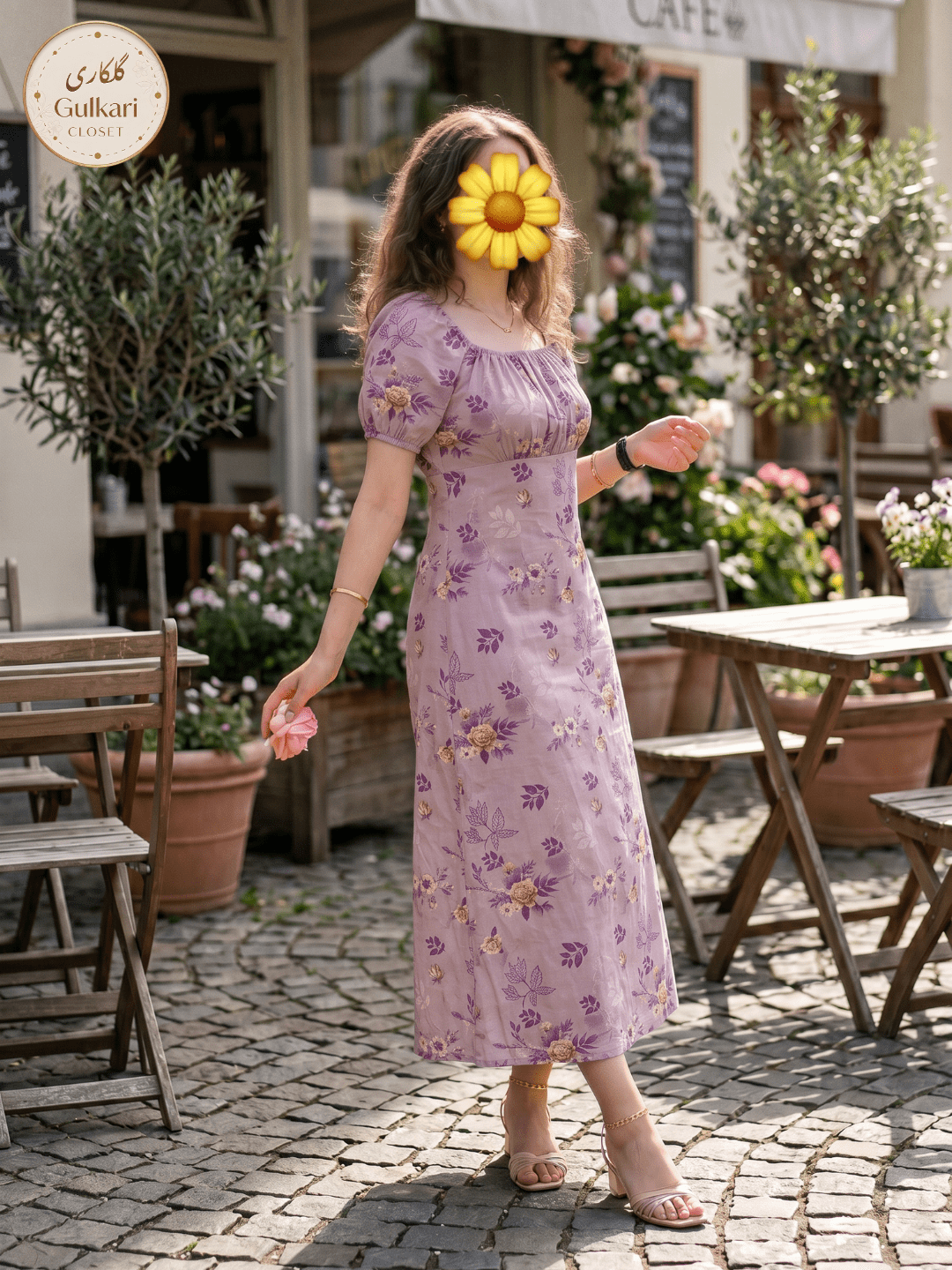 purple floral puffed sleeves frock